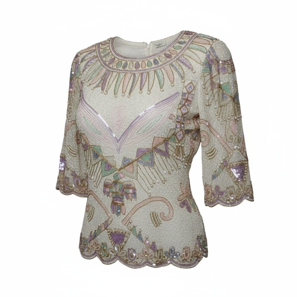 Vintage Beaded Silk Scallop Hem Pastel Sequin Top India Gold Blue Pink Purple M